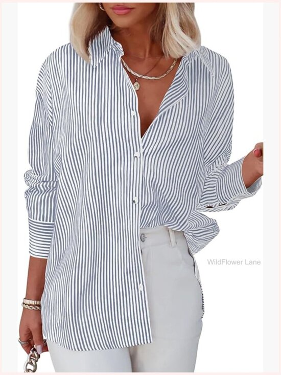 Tops - Classic Striped Button Down Shirt Long Sleeve Office Work Blouse Top